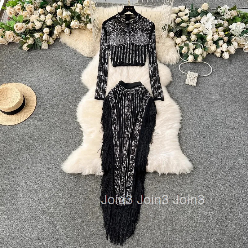 Temperament Suit Two Piece Sets Womans Clothes for 2025 Diamond Tunic Crop Tops Chic Tassel Bodycon Skirt Outfits Chic Y2k Set