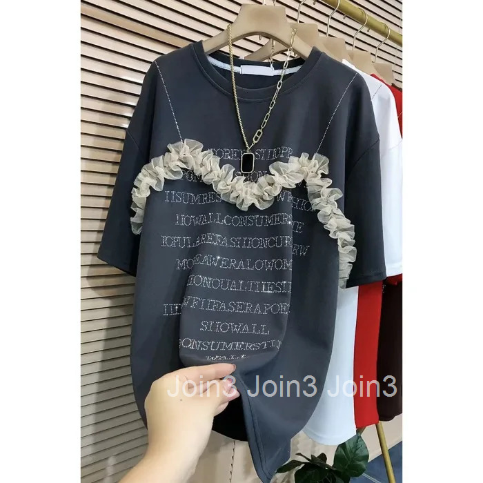 Tshirts for Women O-neck Short Sleeve Summer Tees Y2k Tops Patchwork Gauze Oversized T Shirts Diamond Ruffles Sweet Camisetas
