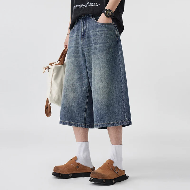 Mens Non-Elastic Denim Seven-Five Shorts Loose Wide Leg Fit Versatile Simple Style Casual Shorts 250617