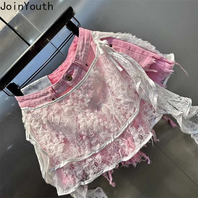 Y2k Shorts Women 2025 New Bottoms Patchwork Lace Summer Wide Leg Shorts Fashion Korean Denim Pants Pantalones Cortos De Mujer