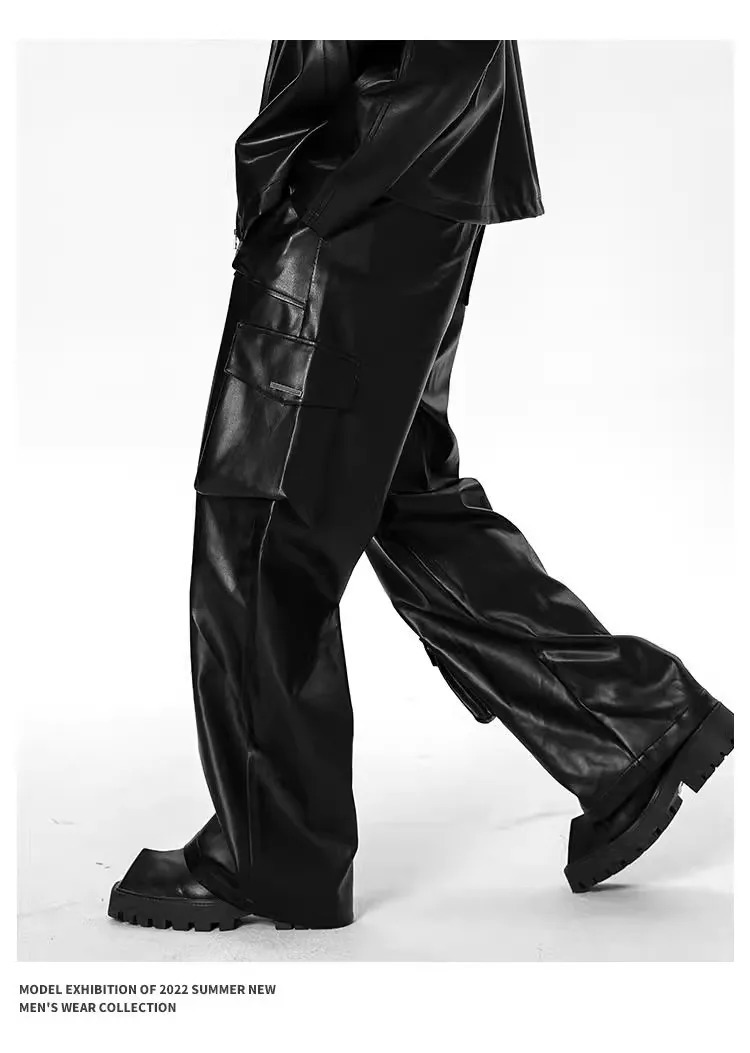 Men Leather Pants Floor Length Cargo Pant Pu Loose Casual Straight Trousers Regular Solid Splice Button Pocket Autumn Winter 250614