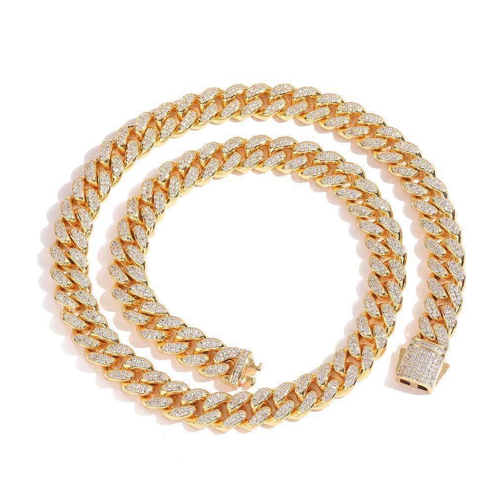 Hip Hop Zircon 12mm Spring Clasp Double Row Full Dia Cuban Chain Trendy Men's Necklace Jewelry 46a0