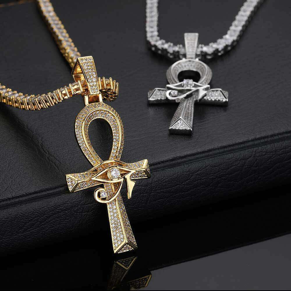 Hip Hop Eye of Horus Ankh Cross Pendant Micro Paved Zircon Personality Necklace Accessory 5e76