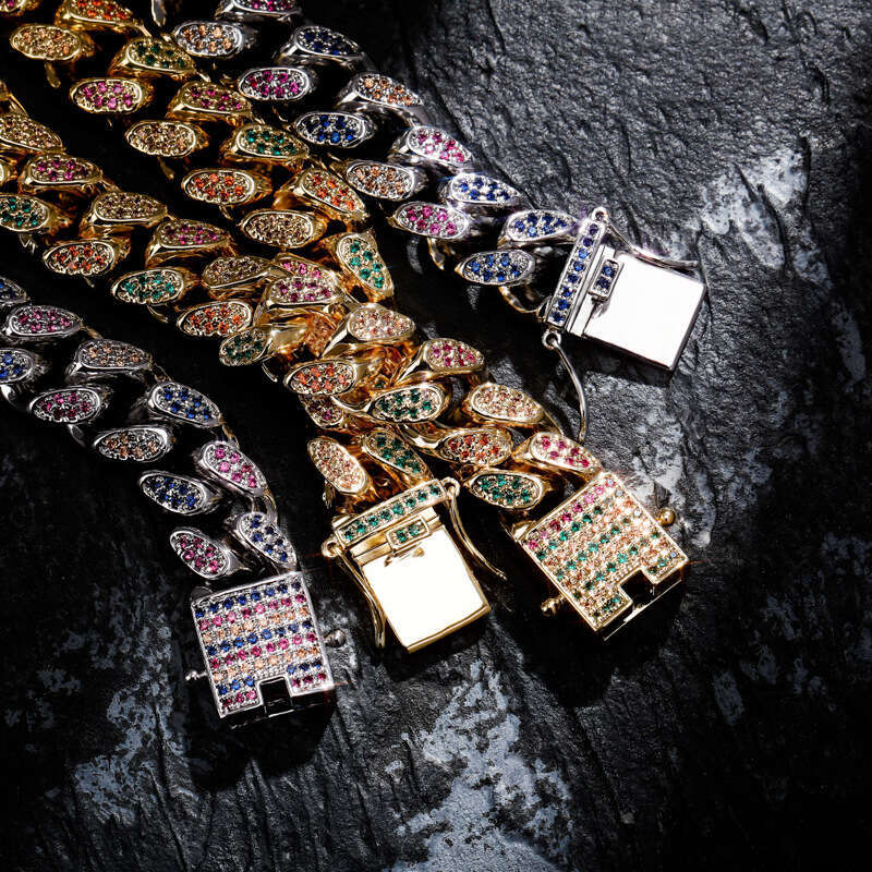 Men's Hip-Hop Colorful Necklace Hiphop Copper Inlaid Zircon 14/18mm Bar Cuban Chain
