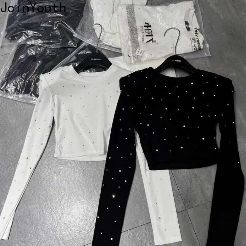 Crop Tops Fashion Tshirts for Women O-neck Long Sleeve Korean Tees 2025 Ropa Mujer Temperament Diamond Tunic Black Y2l Tshirt