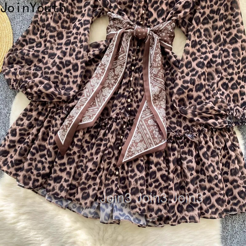 Summer Dress Women Clothing 2025 Vestidos De Mujer Slim Waist Bandage Lantern Sleeve Robe Femme Leopard Print Gauze Sexy Dresses