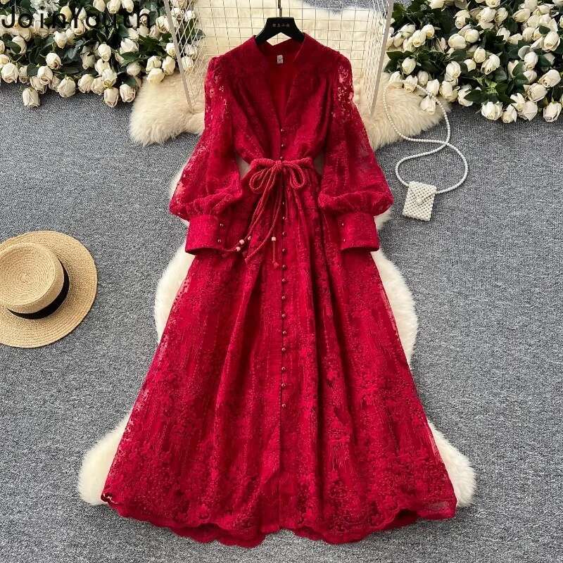 Vintage Single Breasted Dress Women 2025 Vestidos De Mujer Embroidery Slim Fit Lace V-neck Long Sleeve Temperament Robe Femme