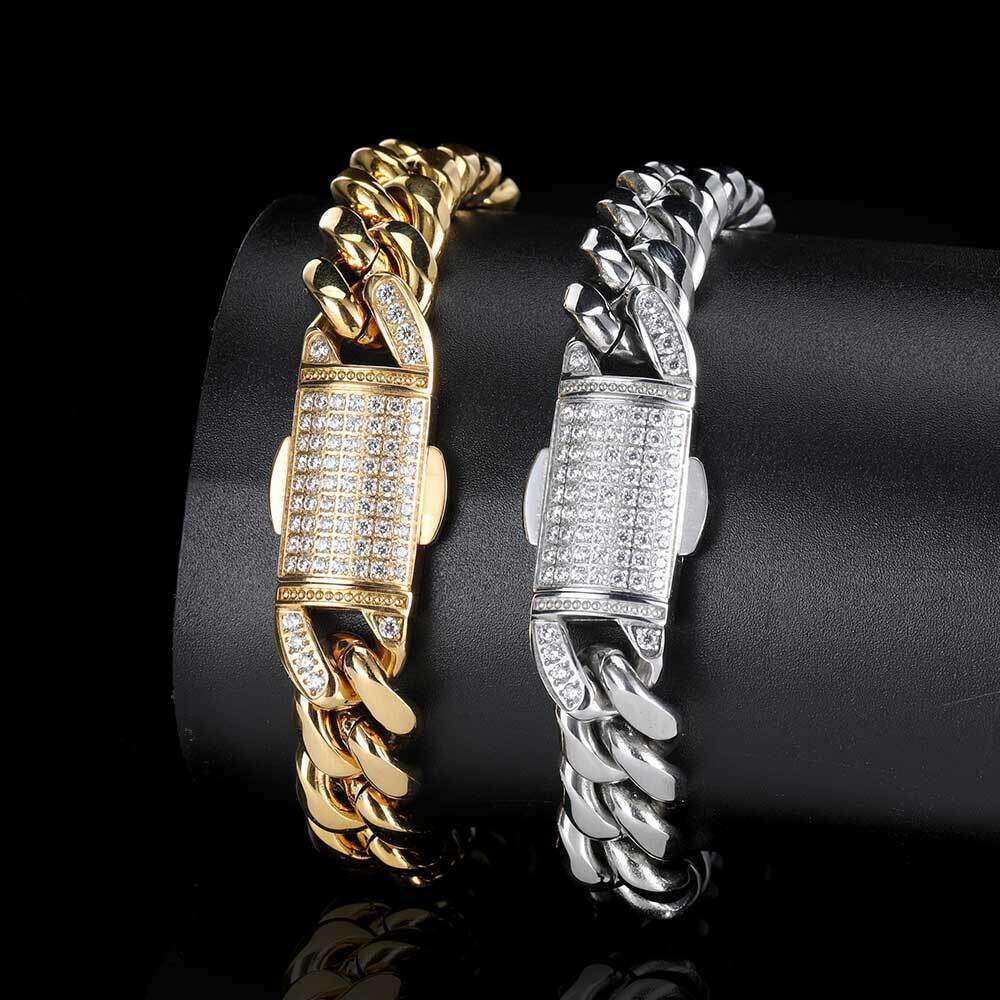 Hip Hop 12mm Micro Pave Zircon Spring Clasp Stainless Cuban Chain Trendy Titanium Steel Round Polished Bracelet Necklace 012e