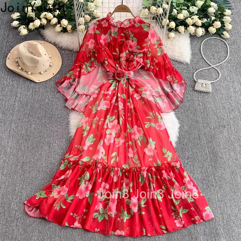 Floral Sweet Dresses Women Clothes O-neck Flare Sleeve Slim Waist Robe Femme 2025 Vestidos De Mujer Ruffles Chiffon Summer Dress