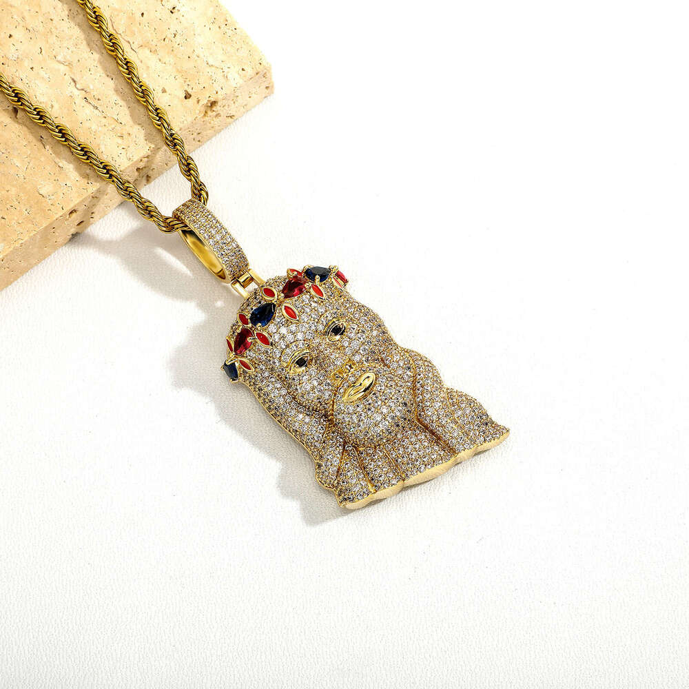 Copper Zircon Colorful Crown Hip-Hop Jesus Pendant Personality Necklace Men's Trendy Jewelry