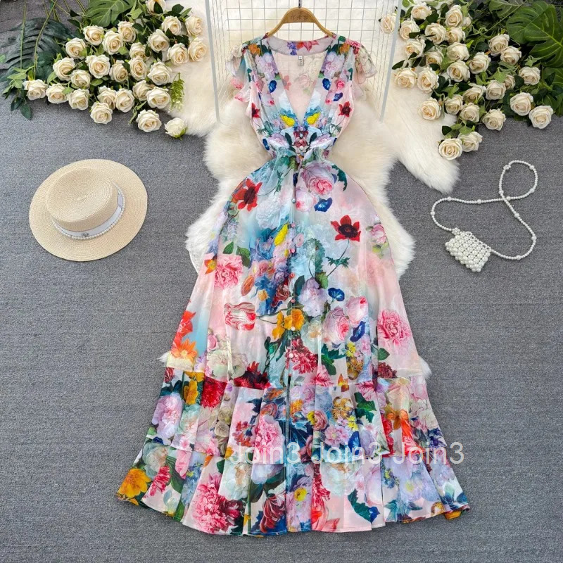 Floral Sweet Dresses for Women V-neck Flying Sleeve Elegant Robe Femme Single Breasted Tunic Summer Maxi Dress Vestidos De Mujer