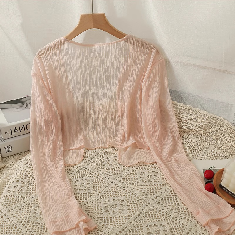K1101 White chiffon cardigan women's thin shawl small outer cover summer sun protection clothing tulle jacket with suspenders skirt
