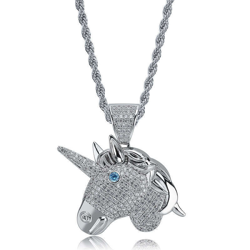 Hip Hop Unicorn Cartoon Head Micro Paved Zircon Men and Women Trendy Ins Accessories