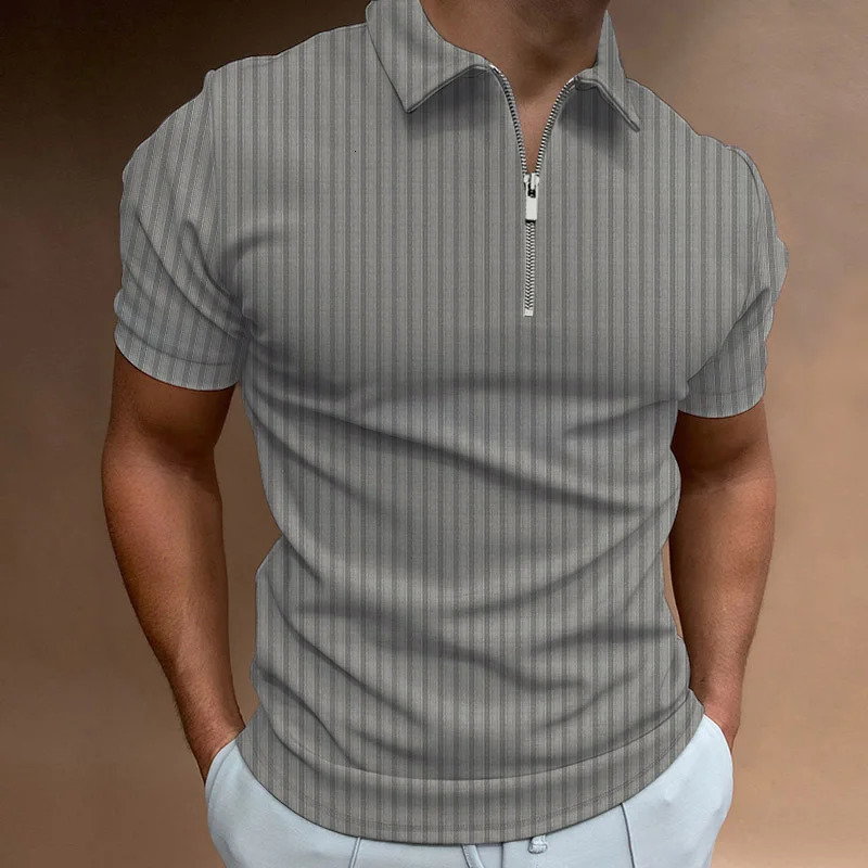 Summer Men Casual Short Sleeve Stripe Zipper Polo Shirt Fashion Golf Elasticity Comfortable Tops 250610A