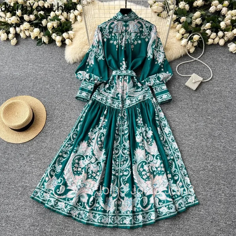 Vintage Dress Womens Clothing Stand Neck Lantern Sleeve Slim Waist Single Breasted Robe Femme Floral Summer Loose Maxi Dresses