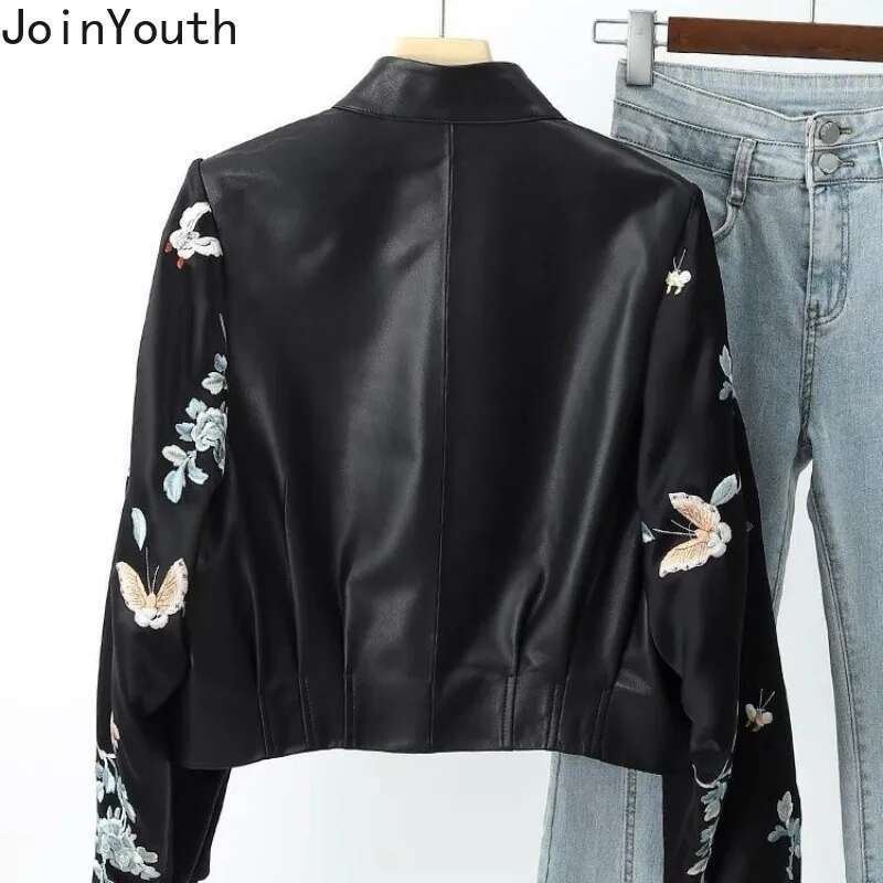 Chinese Style Vintage Women Jackets Patchwork Leather Stand Neck Temperament Tops Chic Embroidery Floral Single Breasted Coats