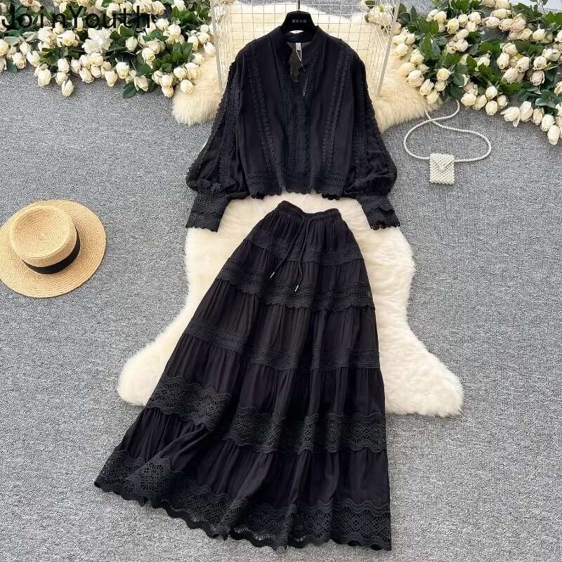 Women Clothing Vintage 2 Piece Set Patchwork Lace Stand Neck Shirt High Waist A-line Loose Skirt Outfits Hollow Out Vintage Suit