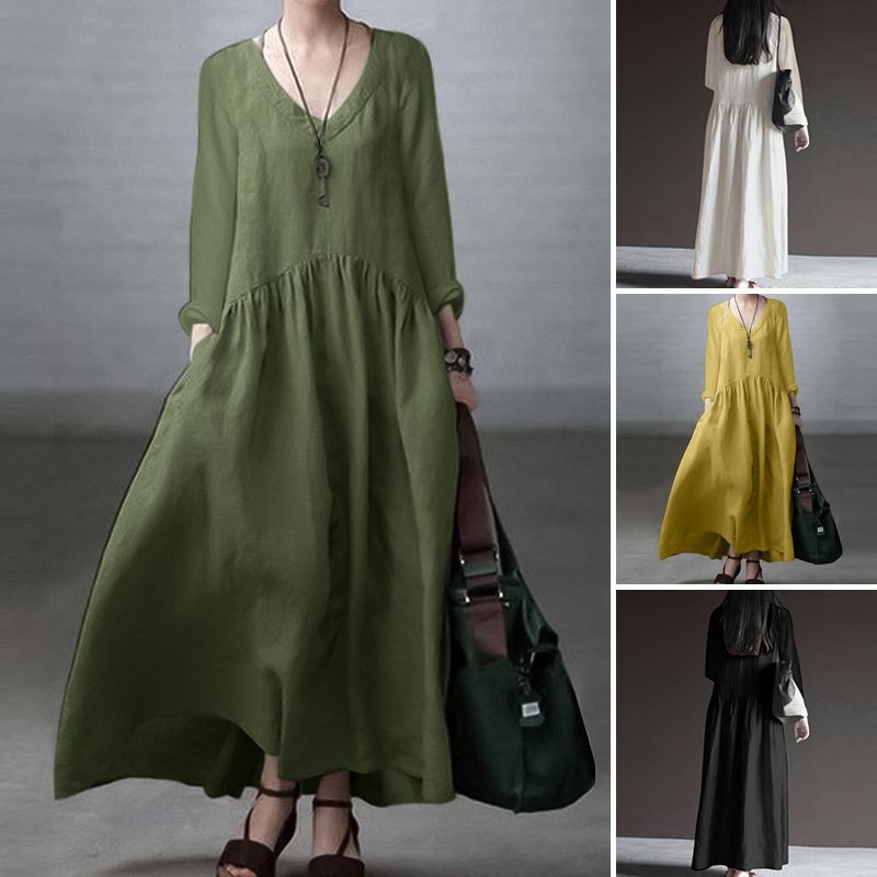B622Spring and Autumn Fashion Long Sleeve V-neck Elegant Vest Dress Women's Casual Solid Color Loose Long Dress