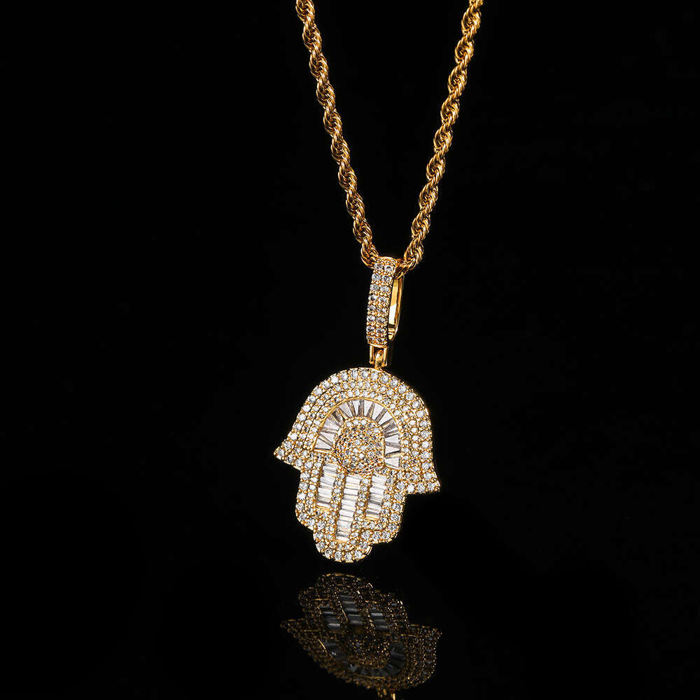 Copper Inlaid Zircon Small Palm Pendant Real Gold Plated Trendy Fatima Hand Hip Hop Necklace d722