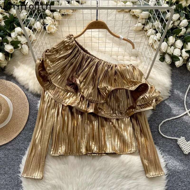 2025 Blusas Mujer De Moda Sexy Blouses for Women Long Sleeve Off Shoulder Shirts Ruffles Loose Pleated Temperament Tops Female