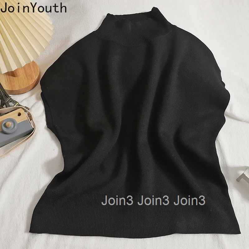 Knitted Tshirts Women Clothing Half High Collar Sleeveless Solid Color Tees Fashion Korean Camisetas Loose Summer T-shirt Tops