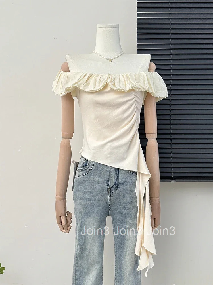 Crop Top Women Clothing Sexy Irregular Tanks Slash Neck Sleeveless Tunic Folds Camis Y2k Tops Sweet Ruffles Summer Chic Vests