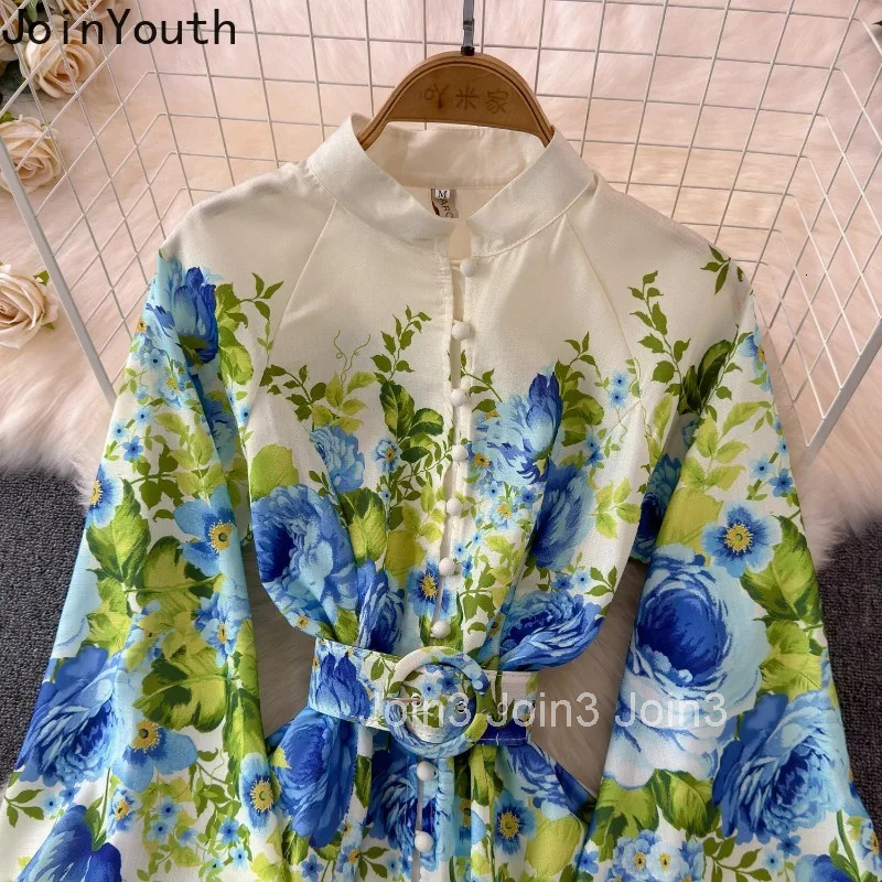 Korean Women Dress 2025 Vestidos De Mujer Slim Waist Stand Neck Temperament Robe Femme Floral Vintage Summer Maxi Dresses 27w038