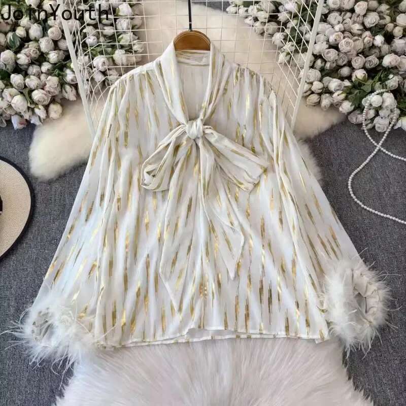 2025 Blusas Mujer De Moda Korean Blouses Women Clothing Patchwork Feather Loose Shirts Vintage Bandage Bow Striped Blouse Tops