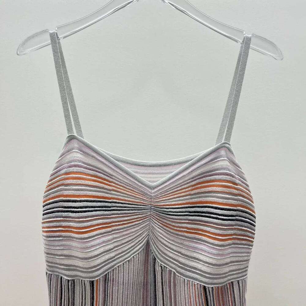 Women Sequined Multicolor Striped Sling Dress V-Neck High Waist Sleeveless Vintage Slim Knitted Long Dress