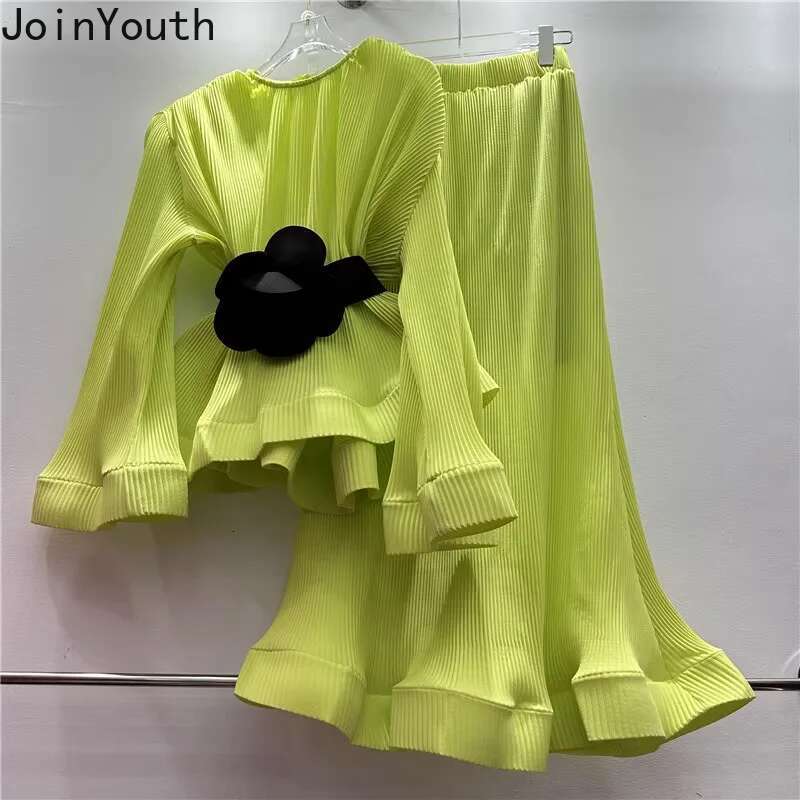 Skirt Outfits Summer Two Piece Sets Women Clothing Flare Sleeve 3D Floral Ruffles Tops Bodycon Skirt Suit Chic Korean Chic Set
