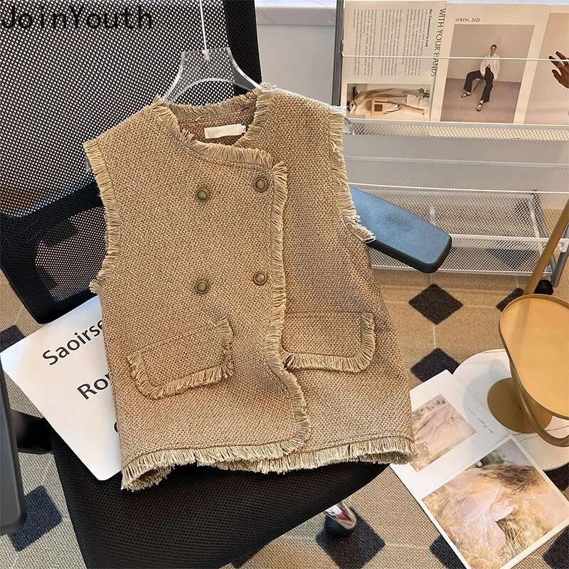 Sleeveless Cardigan Women Vest 2025 Ropa Mujer Double Breasted Vintage Waistcoat Fashion Korean O-neck Tweed Loose Tanks Tops