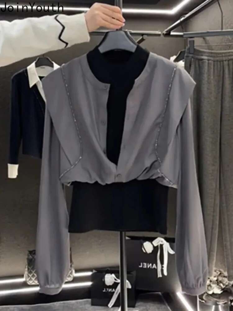 Fake Two Women Blouses 2025 Blusas Mujer De Moda Long Sleeve Fashion Contrast Color Shirts Korean Temperament Blouse Tops 63e842