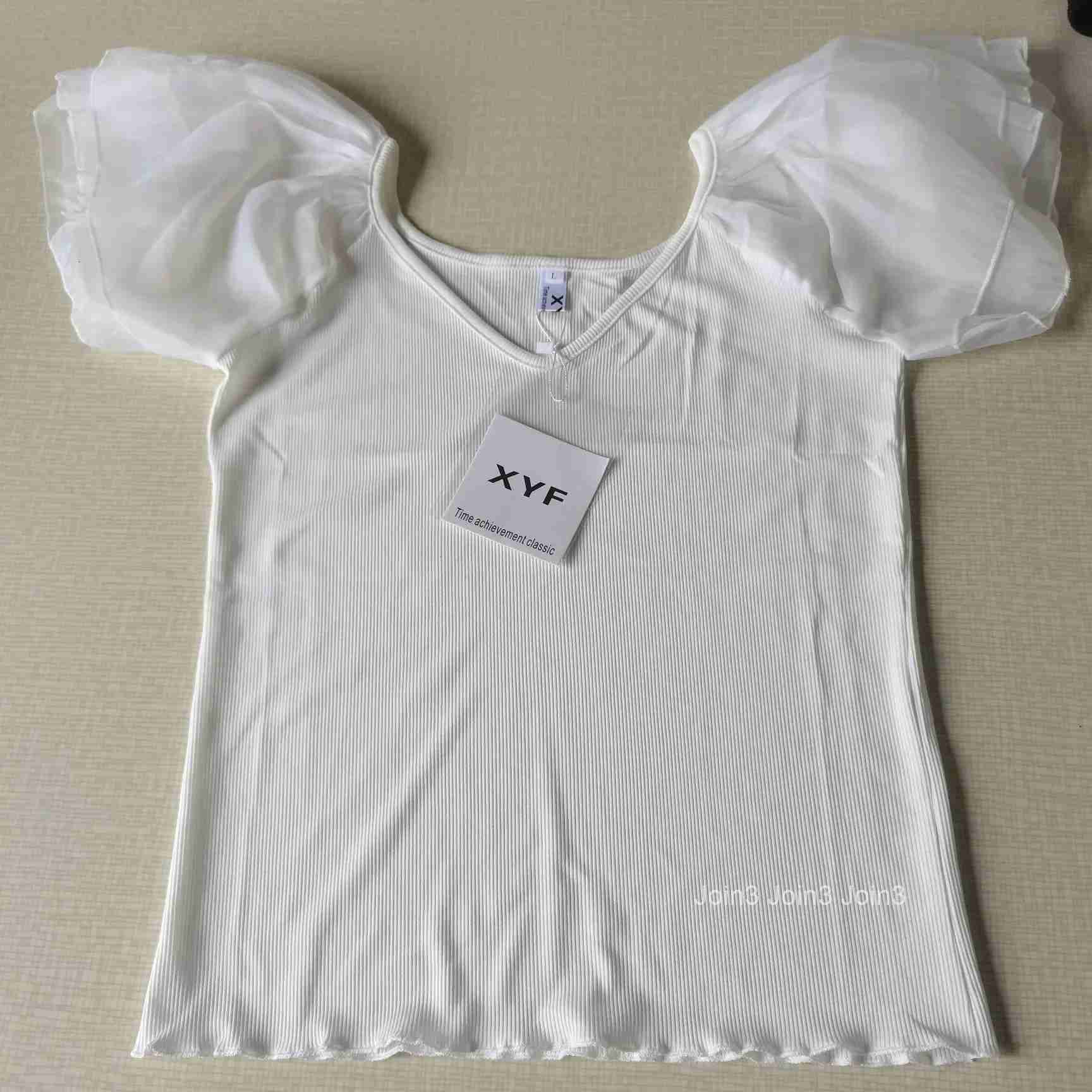 Summer Woman T Shirts V-neck Puff Sleeve Tuic White Tees Crop Tops 2025 Ropa Mujer Fashion Korean Knit Thin Temperament Tshirts