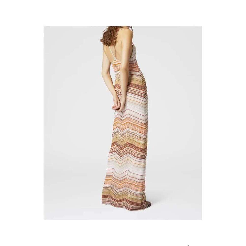 Striped Knitted Long Dress For Women Spring Summer Sequined Design Hanging Neck Casual Sleeveless Robes
