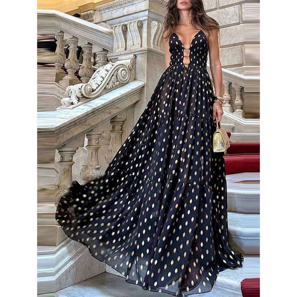 Retro Polk Dot Long Dress With Ribbon Women Sexy Low Cut Sleeveless Pleated Slim Evening Dresses Female Spring Chic Street Party
