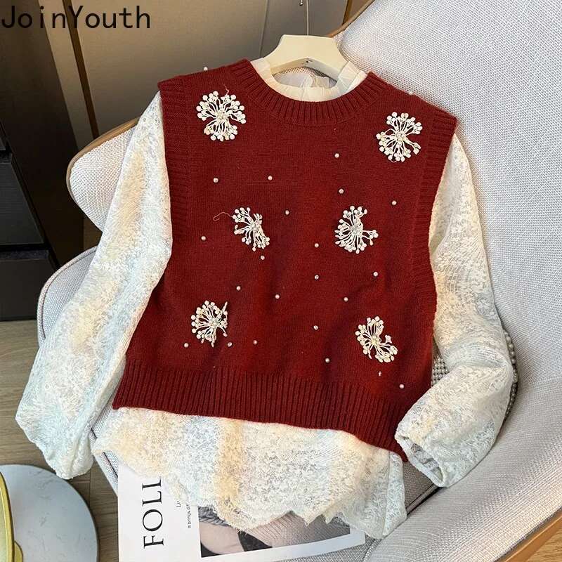 Sweet Vest Sweater Suit Fashion Two Piece Sets Women Clothing Beading 3D Floral Tanks Lace Embroidery Long Sleeve Shirts Outfits