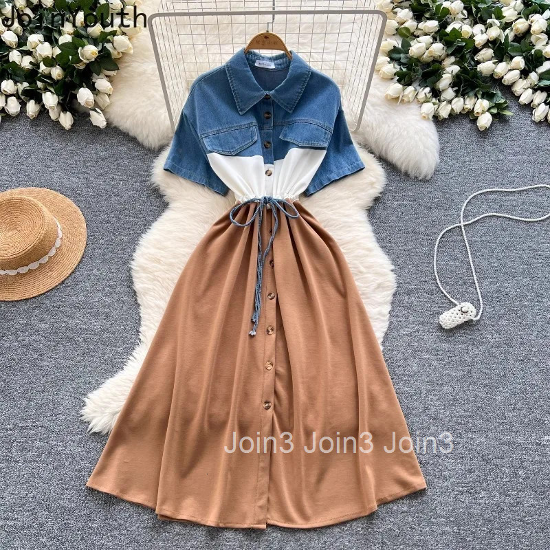 Contrast Color Woman Dress Fake Two Chic Robe Femme 2025 Vestidos De Mujer Patchwork Denim Chic Casual Slim Waist Summer Dress