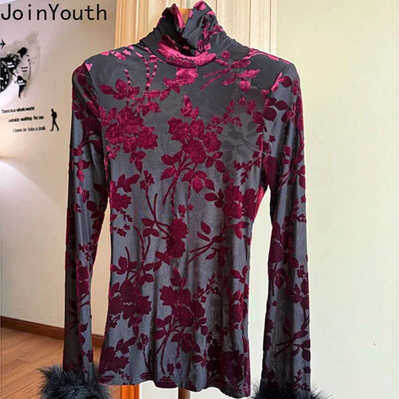Womens Clothing Flocking Floral High Neck Long Sleeved T-shirt Temperament Tops 2025 Ropa Mujer Vintage Tunic Korean Tshirts