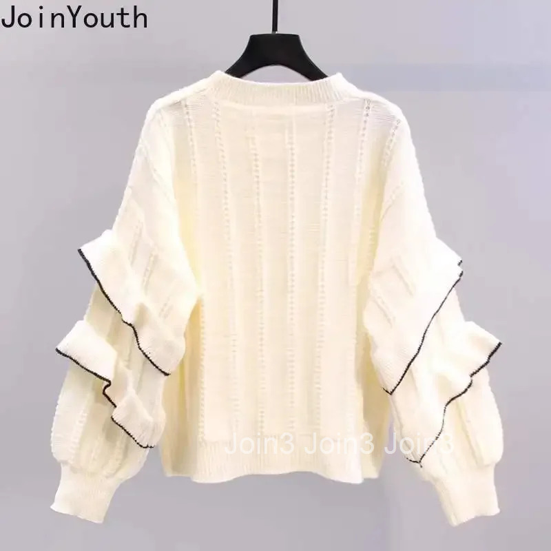 Oversized Pullovers Women Sueter Mujer 2025 Winter Clothing O-neck Ruffles Bow Jumper Fashion Sweet Knitted Sweater Pull Femme