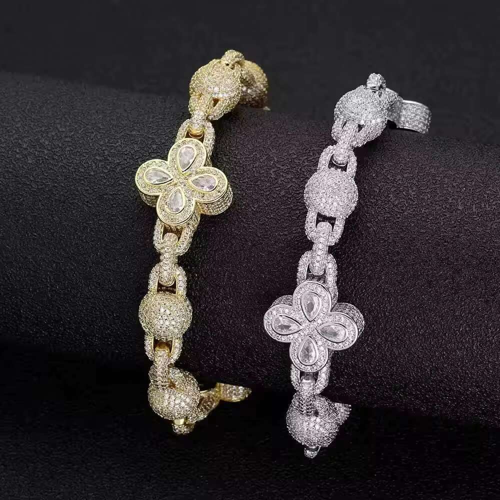 Hot Sale Hip Hop Full Bubble Bead Necklace Chain Four Leaf Clover Jewelry Men Necklace Accessories Cuban Necklace for Men