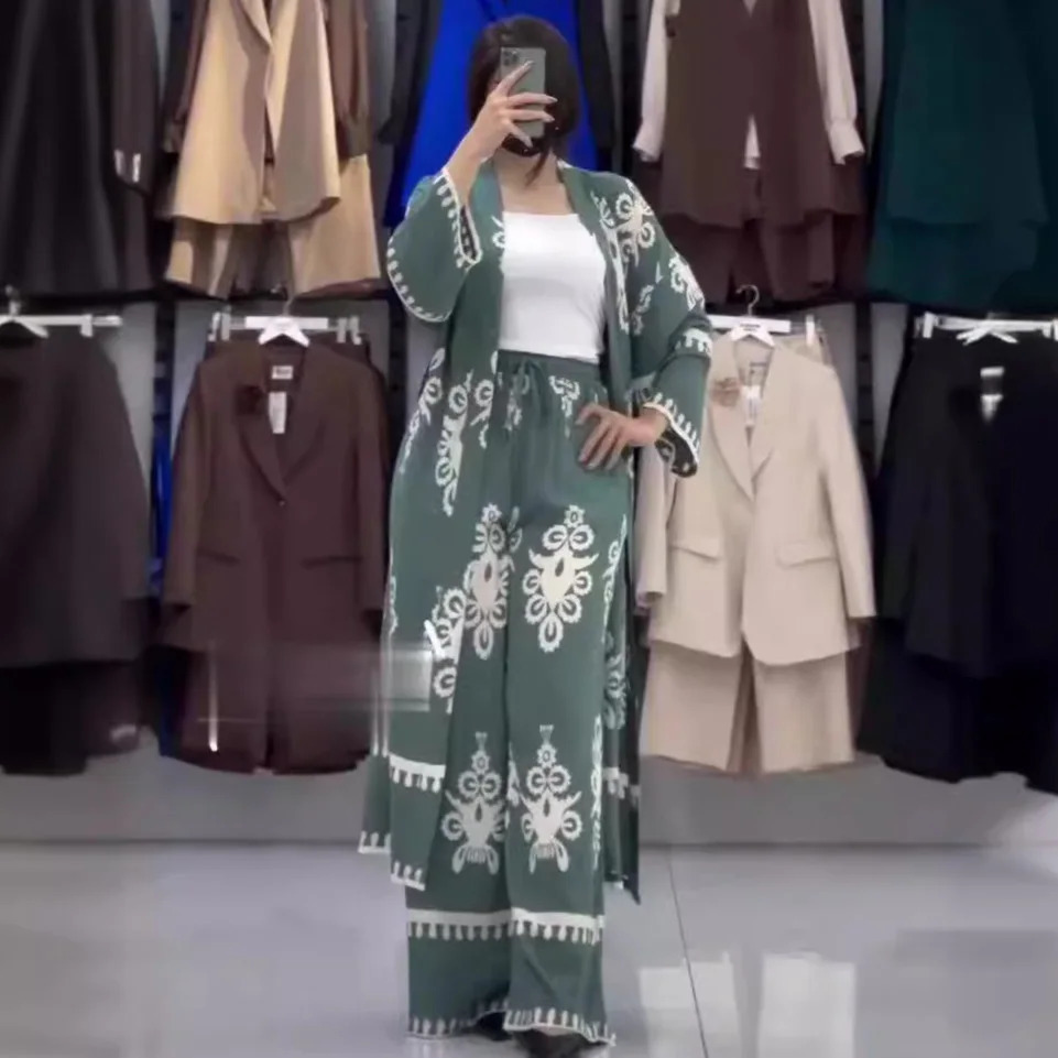 Eid Muslim Suits Women Print Blouses Wide Leg Pants Set Two Piece Musulman Ensemble Dubai Arabic Morocco Islam Casual Ramadan 250617