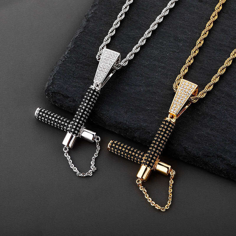 Hip Hop Micro Paved Black Zircon Nunchaku Pendant Men's Trendy Necklace