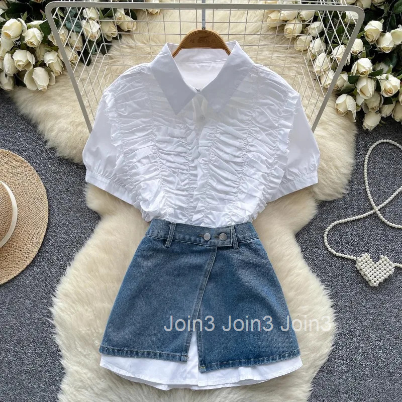 Korean Women Clothing Two Piece Sets Denim Skirt Outfits Folds White Blouses Bodycon Mini Skirts Suit Fashion Casual Summer Set