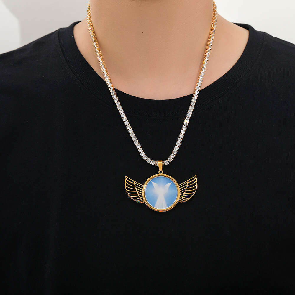 Hip Hop Stainless Steel Photo Pendant DIY Creative Wings Round Frame Men's Necklace Jewelry e310