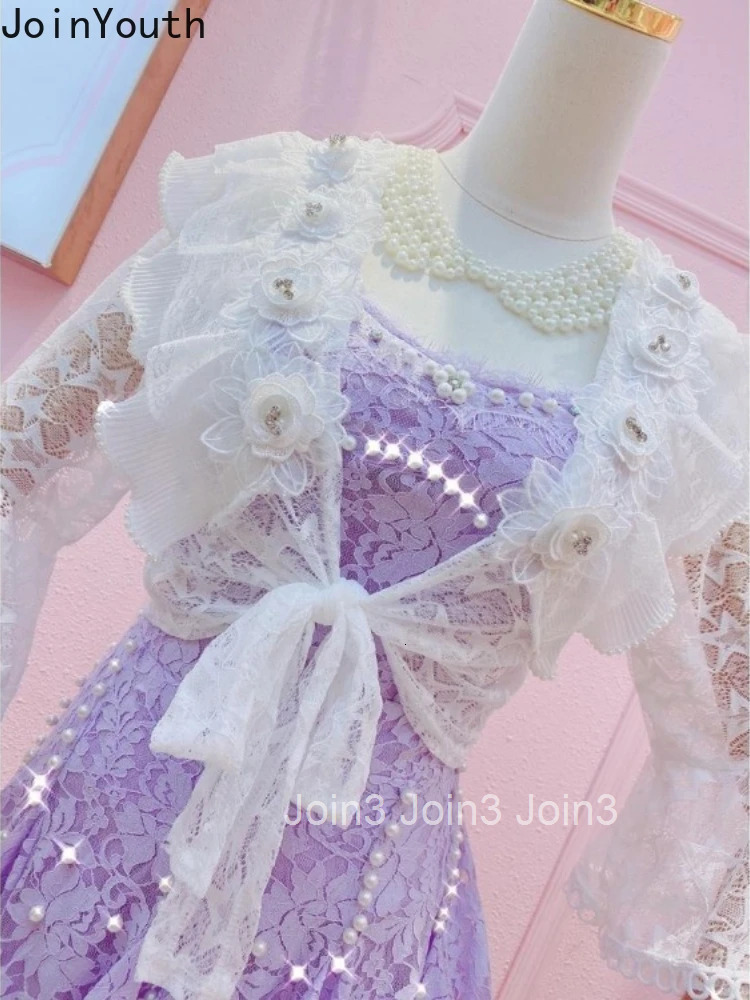Heavy Lace Blouse Women Clothing Beading Bandage See Through Shirts 2025 Blusas Mujer De Moda Ruffles Sweet Summer Vlouses Top