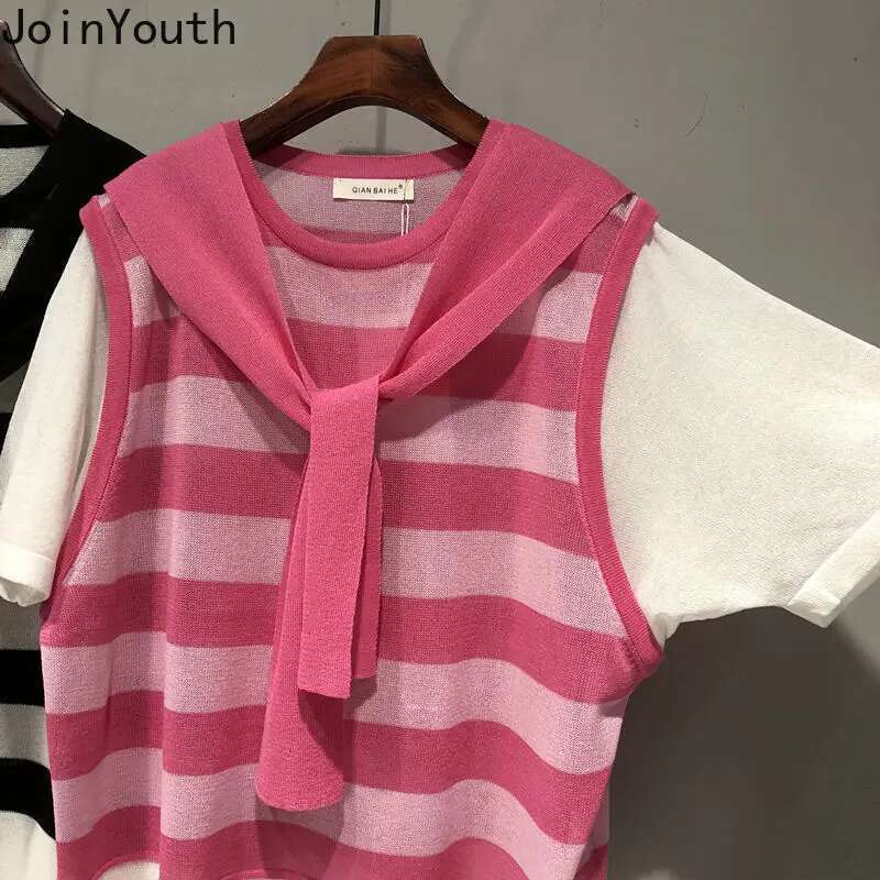 Summer Women Clothes Knit T Shirts Bandage Short Sleeve Fake Two Tees 2025 Ropa Mujer Oversized T-shirt Casual Striped Camisetas