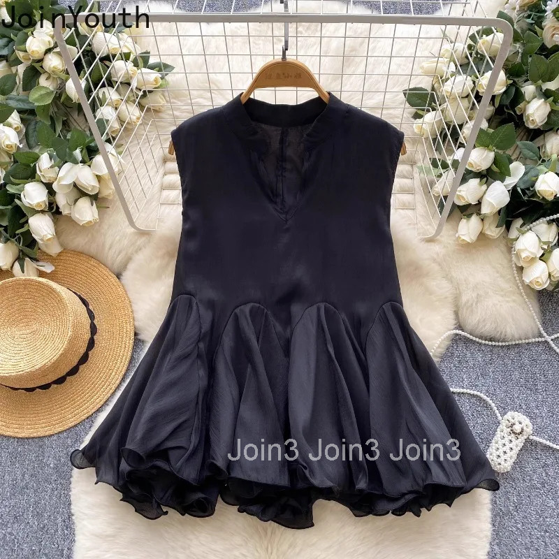 2025 Camisas De Mujer Summer Blouses Temperament Tops Female V-neck Sleeveless Loose Shirts Ruffles Solid Color Tunic Blouse