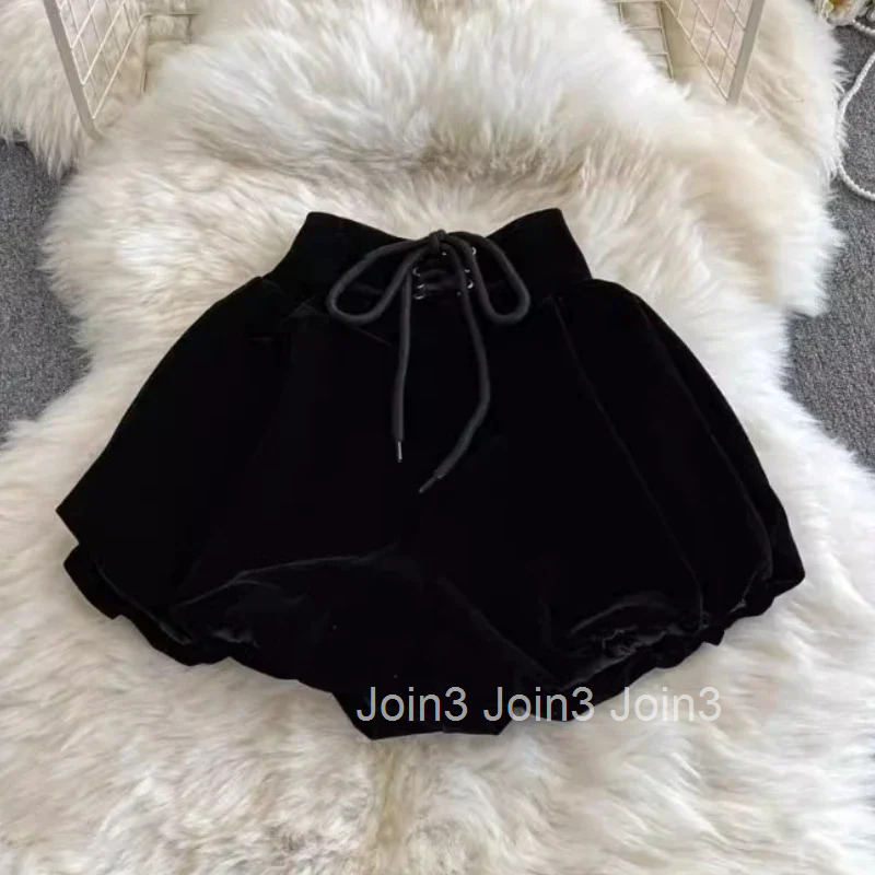 High Waist Black Women Shorts 2025 New Bottoms Bandage Fashion Sweet Black Booty Shorts Cute Velvet Pantalones Cortos De Mujer