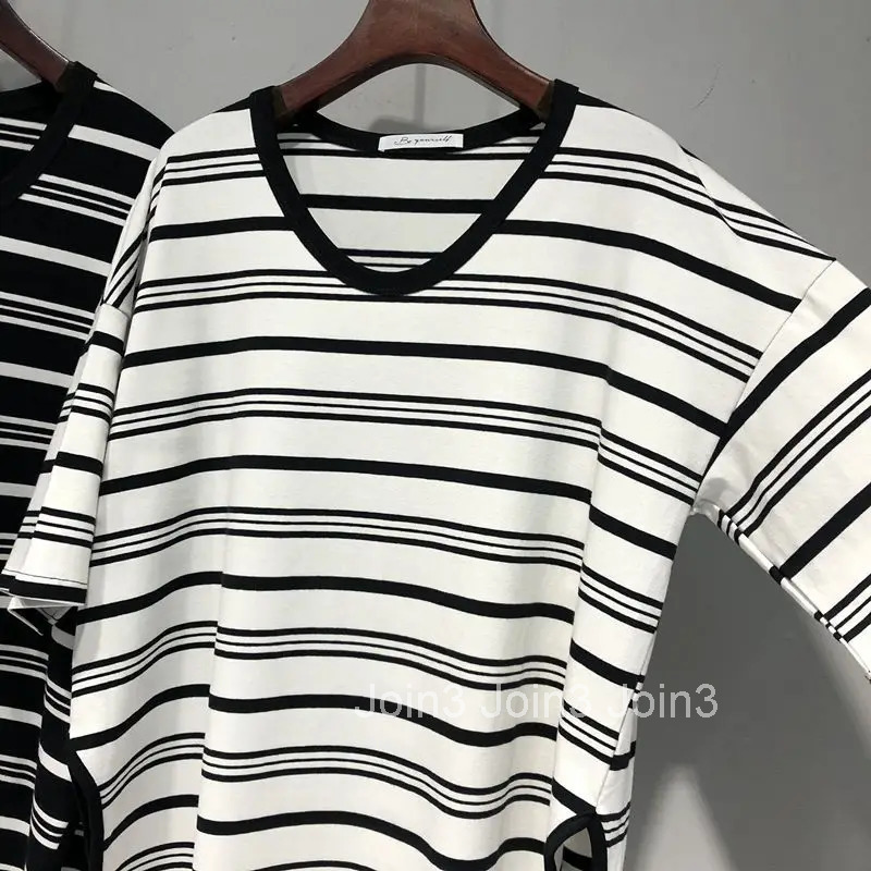 Oversized T Shirts Womens Clothing Chic Y2k Tops V-neck Short Sleeve Split Tees Fashion Summer Camisetas Casual Striped Tshirt