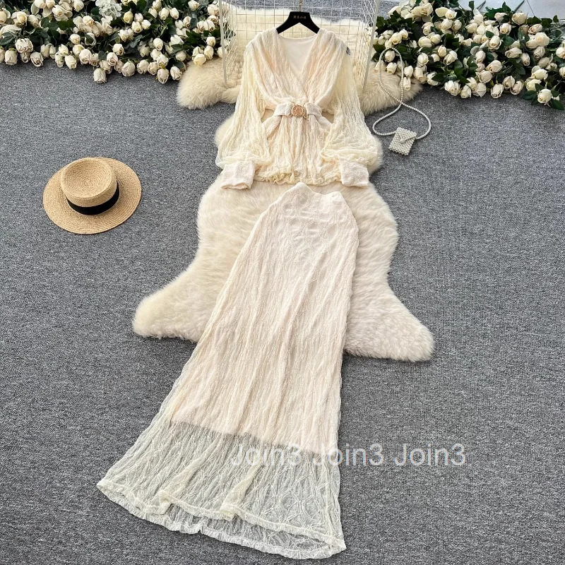 Korean 2 Piece Set Women Clothing 2025 V-neck Slim Waist Tops Slim Fit Bodycon Long Skirt Outfits Chic Temperament Folds Suit